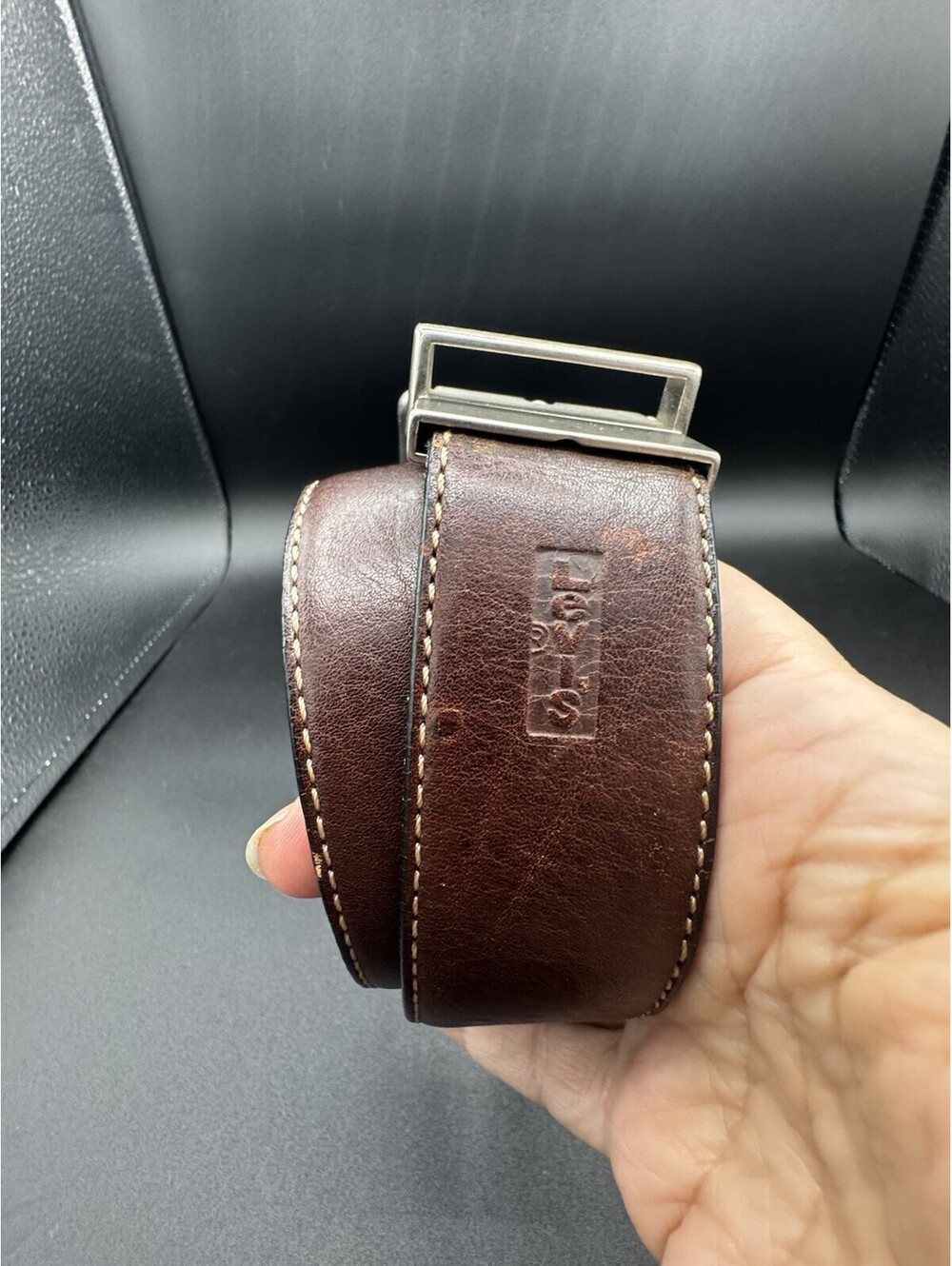 Levi’s Mens Reversible Leather Belt 38/95 Black Brown Silver Buckle